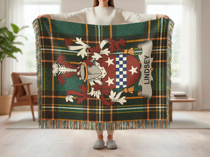 Lindsey woven blanket held open at full scale.
