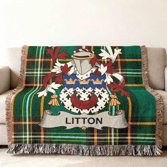 Close view of the Litton family crest woven into Irish National Tartan cotton fabric.