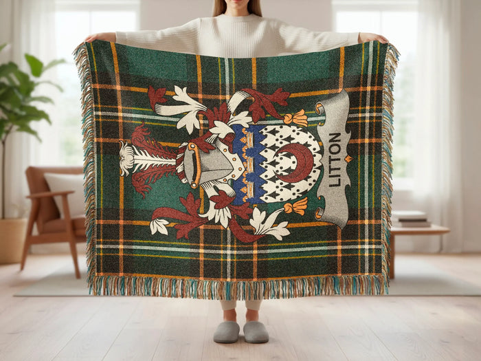 Full Litton Irish woven blanket with family crest and tartan design.