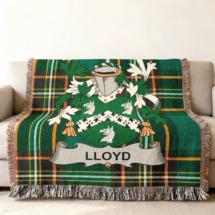 Close view of the Lloyd family crest woven into Irish National Tartan cotton fabric.