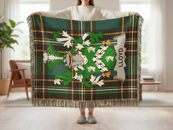 Full Lloyd Irish woven blanket with family crest and tartan design.