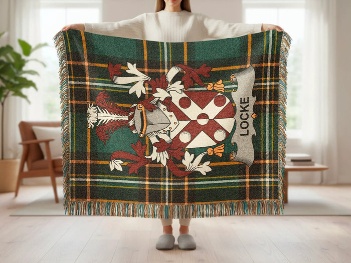 Full Locke Irish woven blanket with family crest and tartan design.