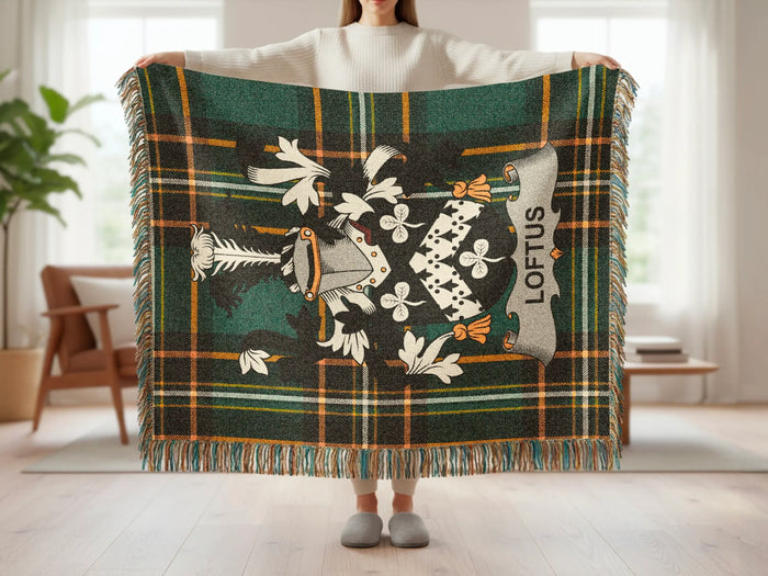 Full Loftus Irish woven blanket with family crest and tartan design.