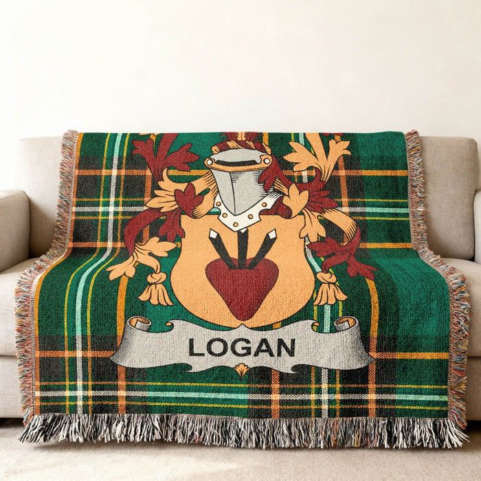 Close view of the Logan family crest woven into Irish National Tartan cotton fabric.