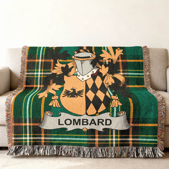 Close view of the Lombard family crest woven into Irish National Tartan cotton fabric.