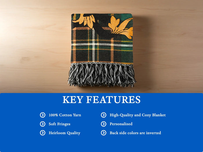 Lombard 100% cotton woven blanket detail showing traditional fringed edges.