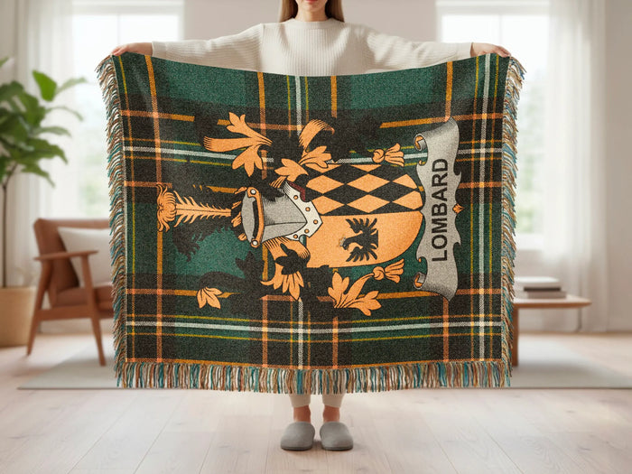 Full Lombard Irish woven blanket with family crest and tartan design.
