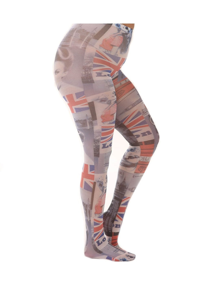 London life printed tights with a pattern of British flags on a white background