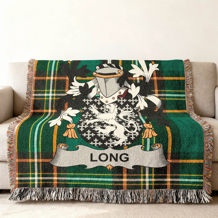 Close view of the Long family crest woven into Irish National Tartan cotton fabric.