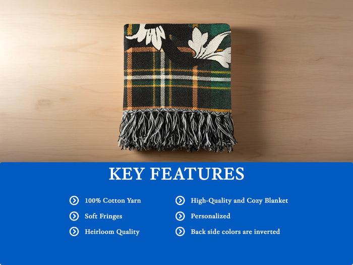 Long 100% cotton woven blanket detail showing traditional fringed edges.