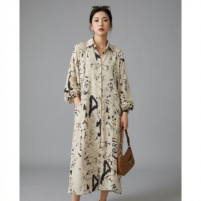 Robe chemise longue imprimée beige et noire - Koreanxwear - Taille one size