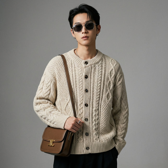 Cardigan ample jacquard beige et noir - Mode coréenne unisexe - Taille M