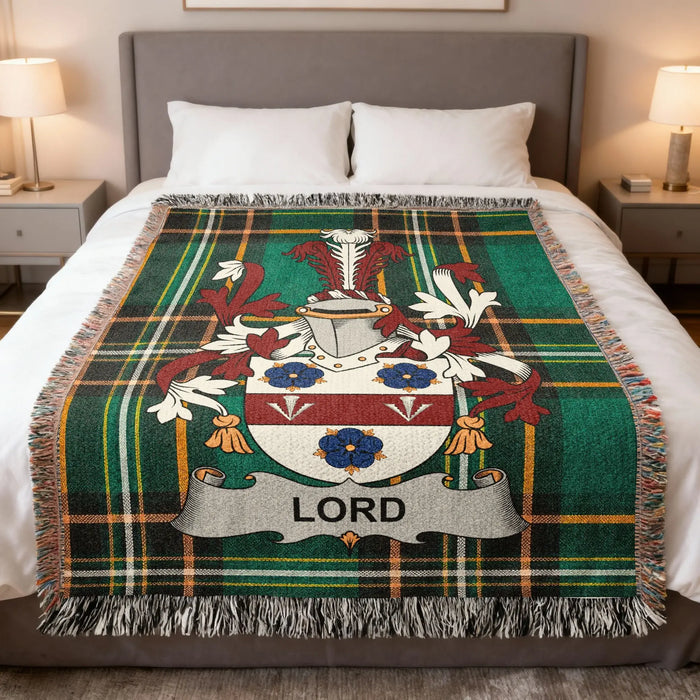 Lord family crest Irish National Tartan woven blanket displayed on a bed.