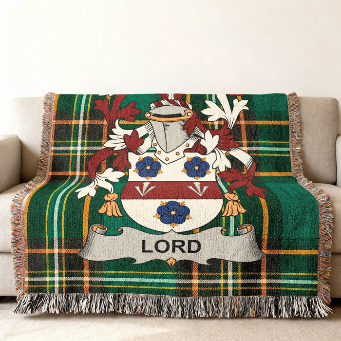 Close view of the Lord family crest woven into Irish National Tartan cotton fabric.