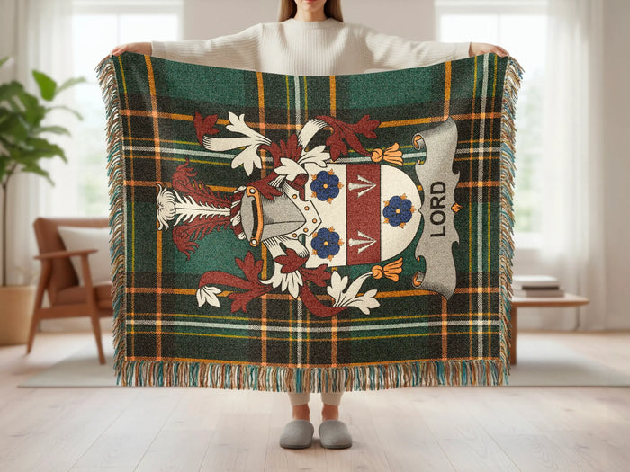 Full Lord Irish woven blanket with family crest and tartan design.