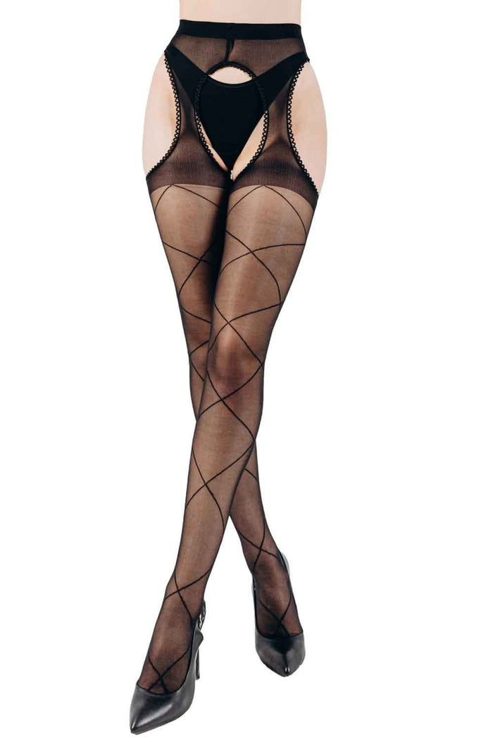 Black  diamond pattern suspender tights on a white background