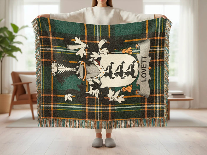 Full Lovett Irish woven blanket with family crest and tartan design.