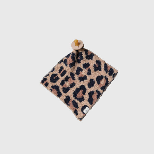 The "Lovey | Leopard" by forever french baby is a soft microfiber security blanket with a chic leopard print and an attached pacifier, shown on a plain white background.