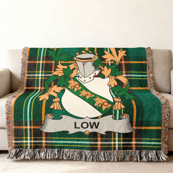 Close view of the Low family crest woven into Irish National Tartan cotton fabric.
