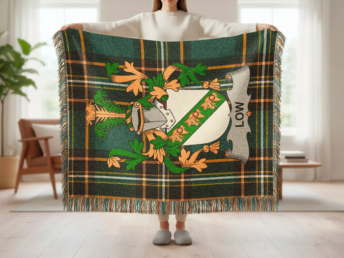 Full Low Irish woven blanket with family crest and tartan design.