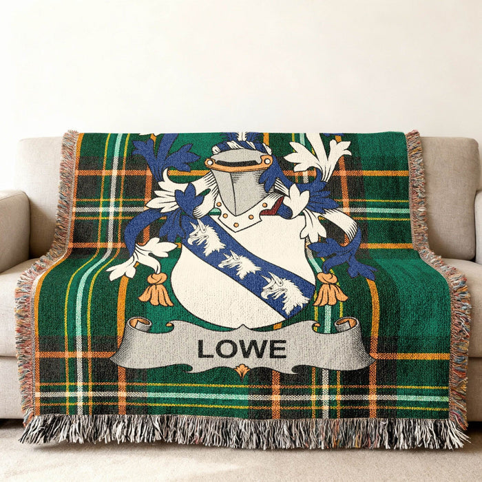 Close view of the Lowe family crest woven into Irish National Tartan cotton fabric.