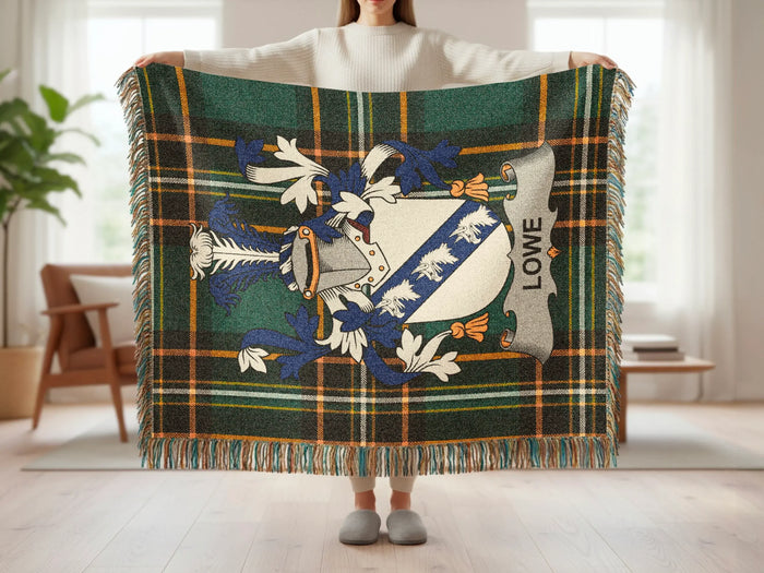 Full Lowe Irish woven blanket with family crest and tartan design.