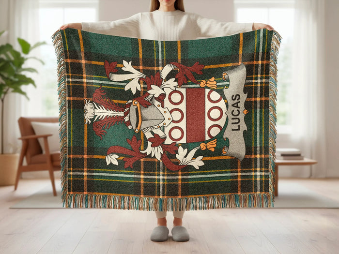 Full Lucas Irish woven blanket with family crest and tartan design.