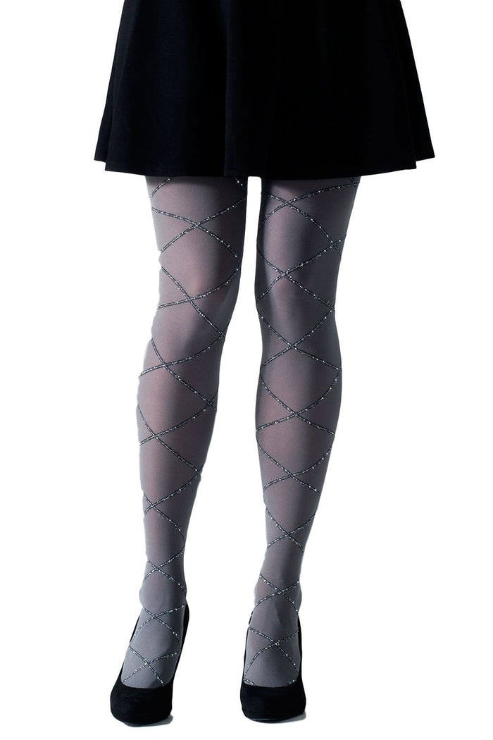 Diamond patterned tights with black shoes on a white background