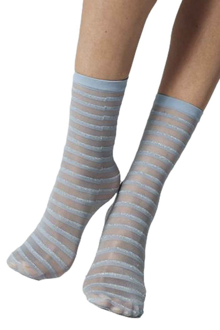 Striped lurex blue striped ankle socks worn by a model  on a white background