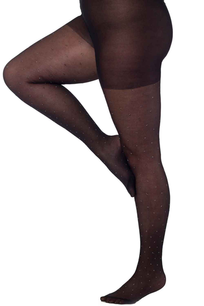 Black luxury glitter dot curvy super stretch tights worn by a person on a white background