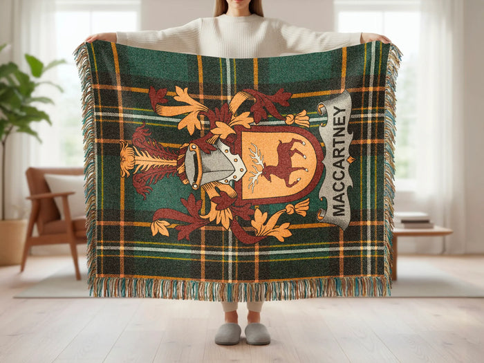 MacCartney woven blanket size guide for 52 by 37, 60 by 50, and 80 by 60 inches.