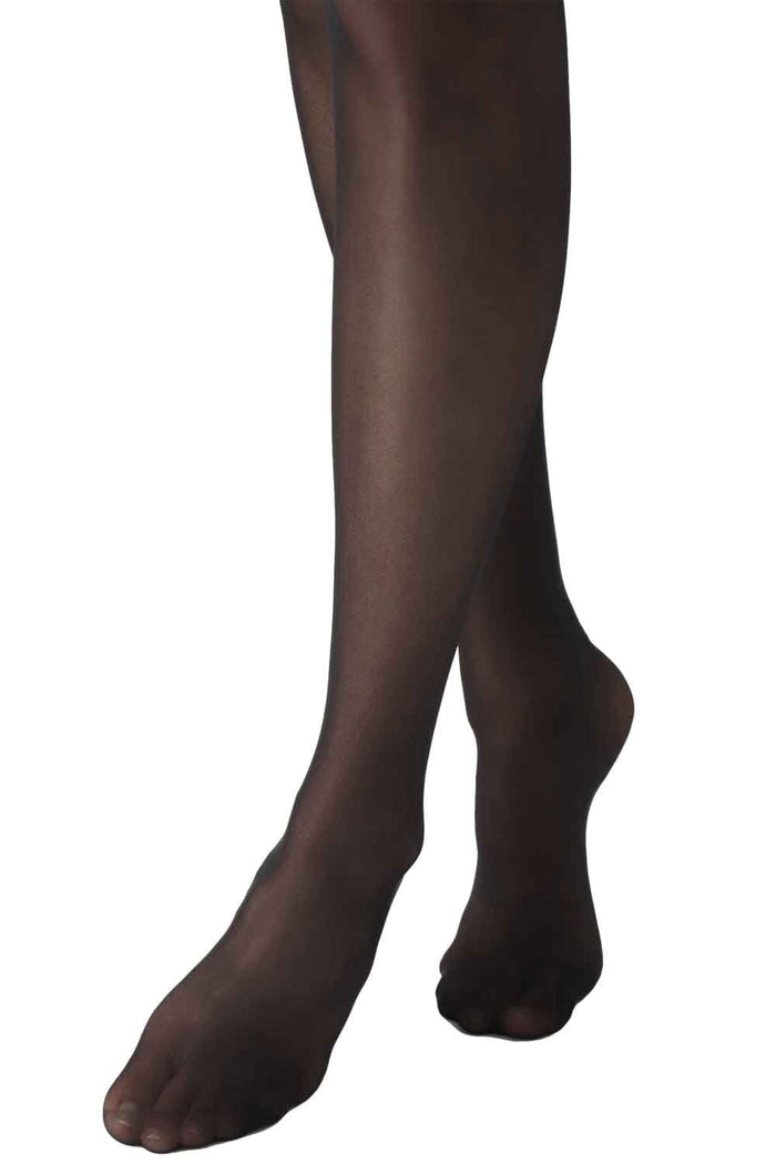Black tights worn by a person on a white background