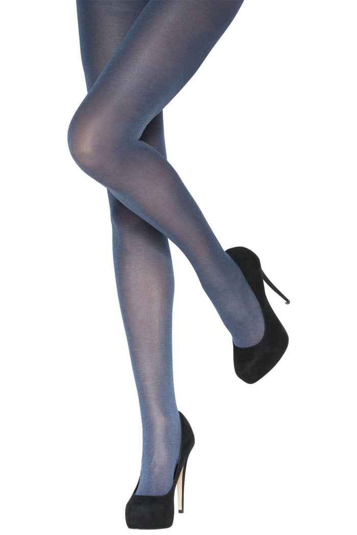Navy marl opaque  tights worn by a person with black high-heeled shoes on a white background