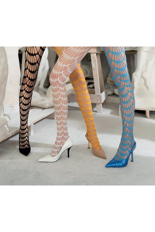 Three pairs of fishnet tights  worn with high heels on a studio background.