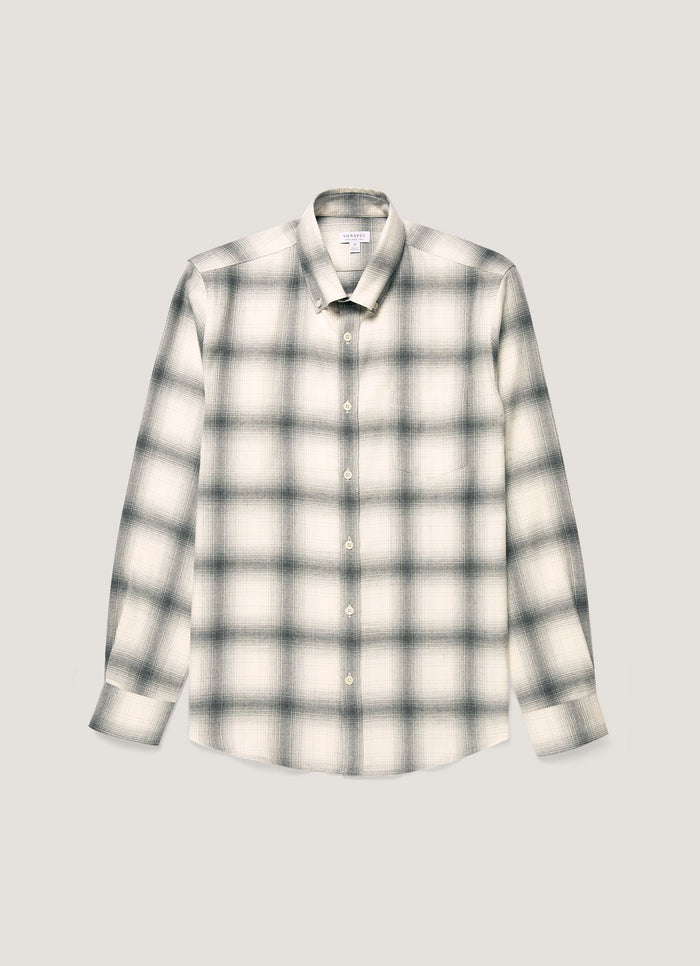 Men's Button Down Flannel Shirt in Ecru Melton Check