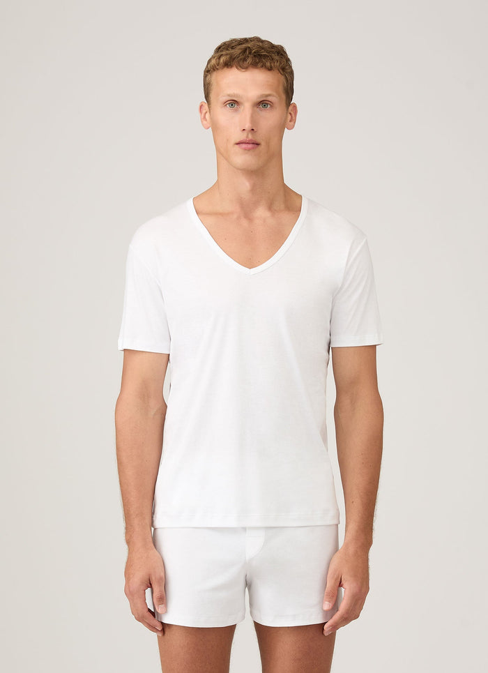 Men's Sea Island Cotton V-neck Underwear T-shirt in White