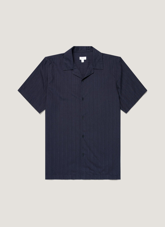 Men's Textured Stripe Camp Collar Shirt in Navy