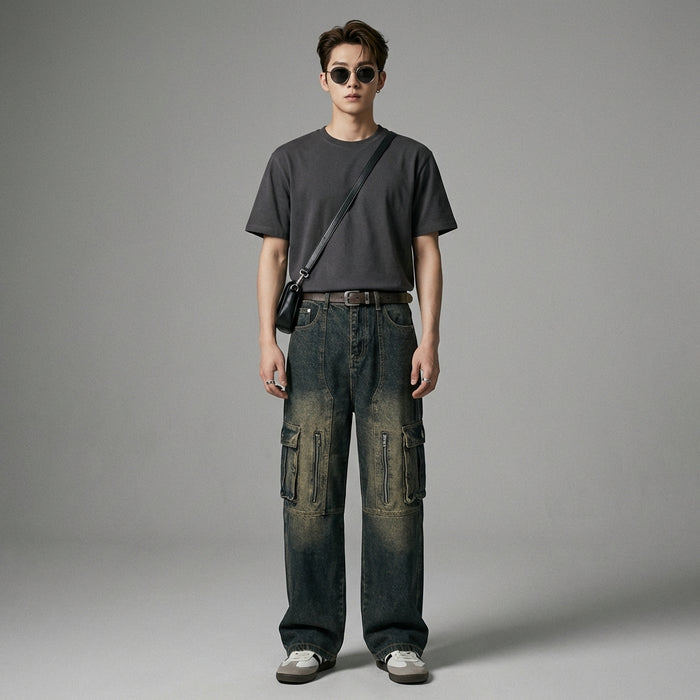 Jean cargo taille mi-haute bleu foncé - Mode Streetwear - Taille M