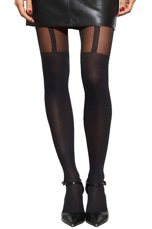 Black mock suspender  tights worn with a black leather skirt on a white background