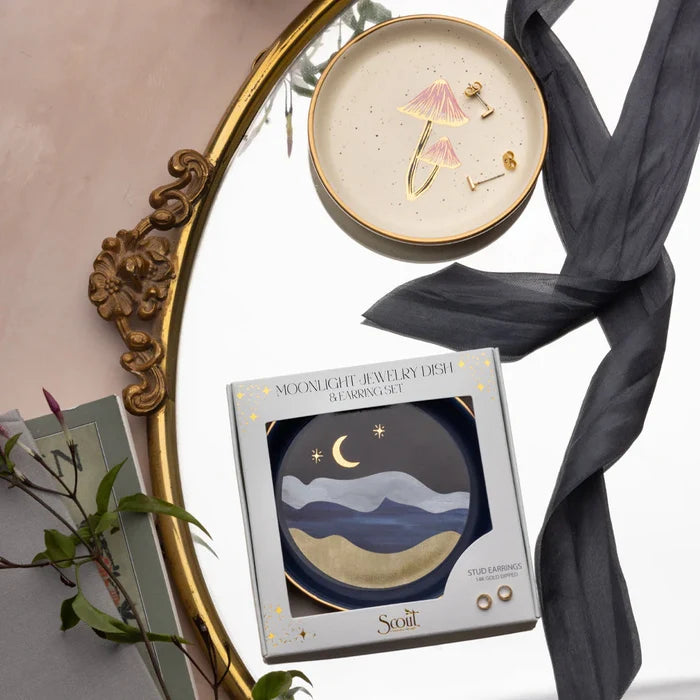 Moonlight Dish & Gold Earring Set in Blue - Madison's Niche