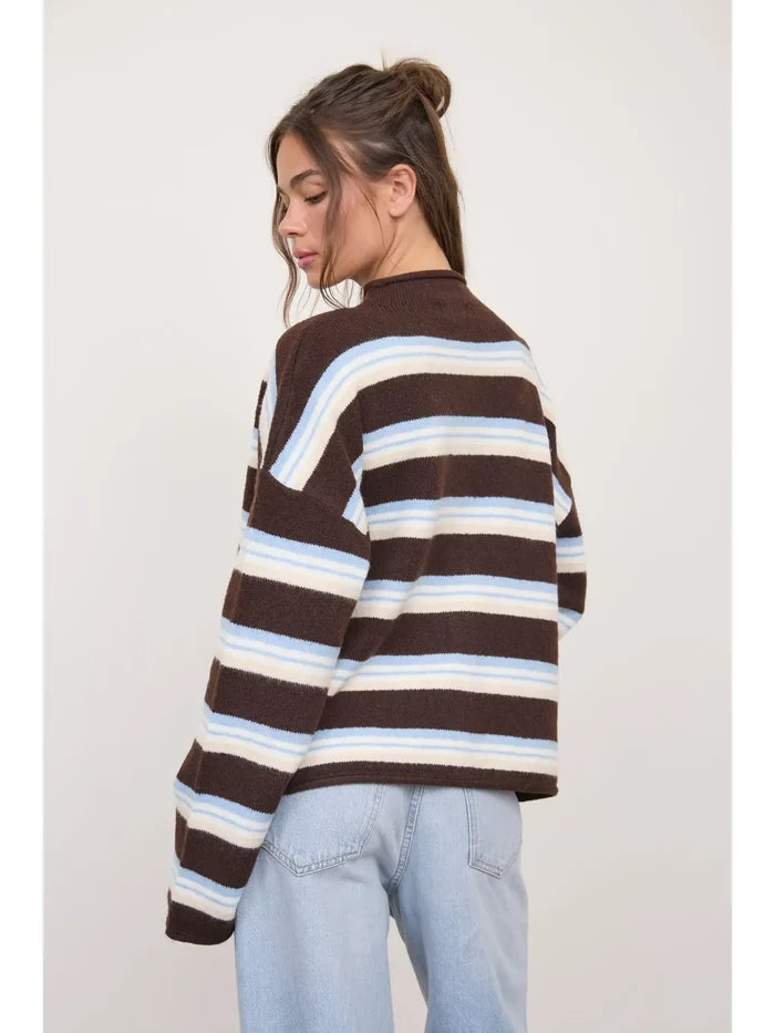 Multi-Color Stripe Rolled Neck Knit Cardigan