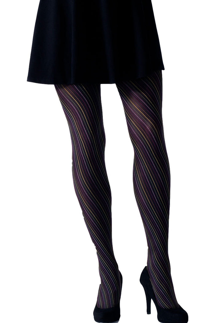 Black tights with purple and white striped pattern worn by a model on a white background