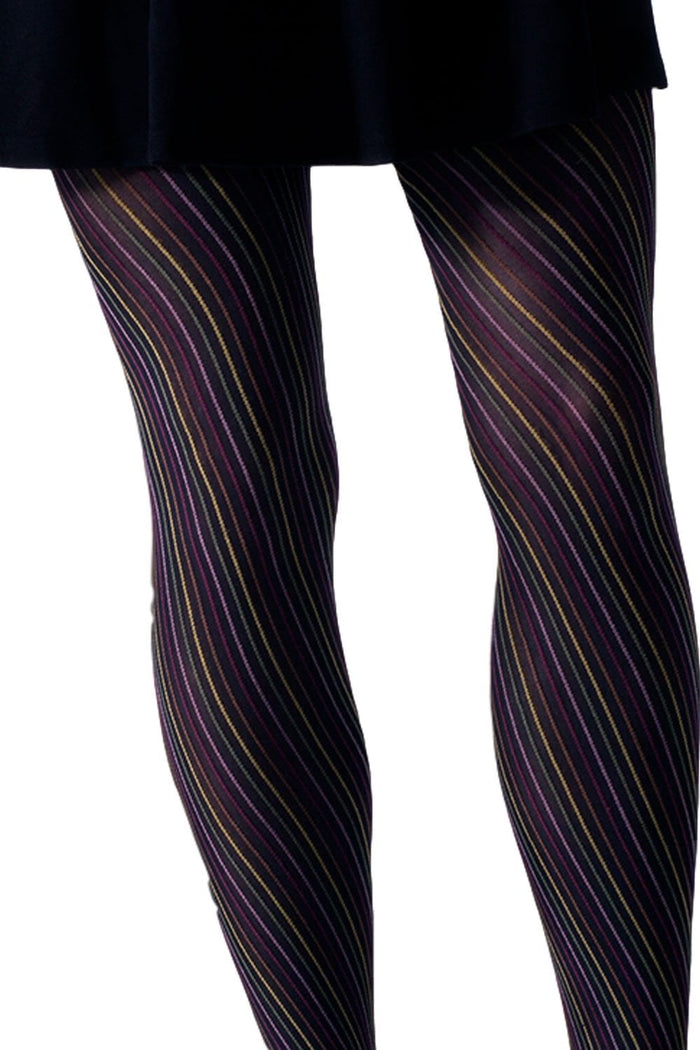 Black tights with purple and gold striped pattern on a white background