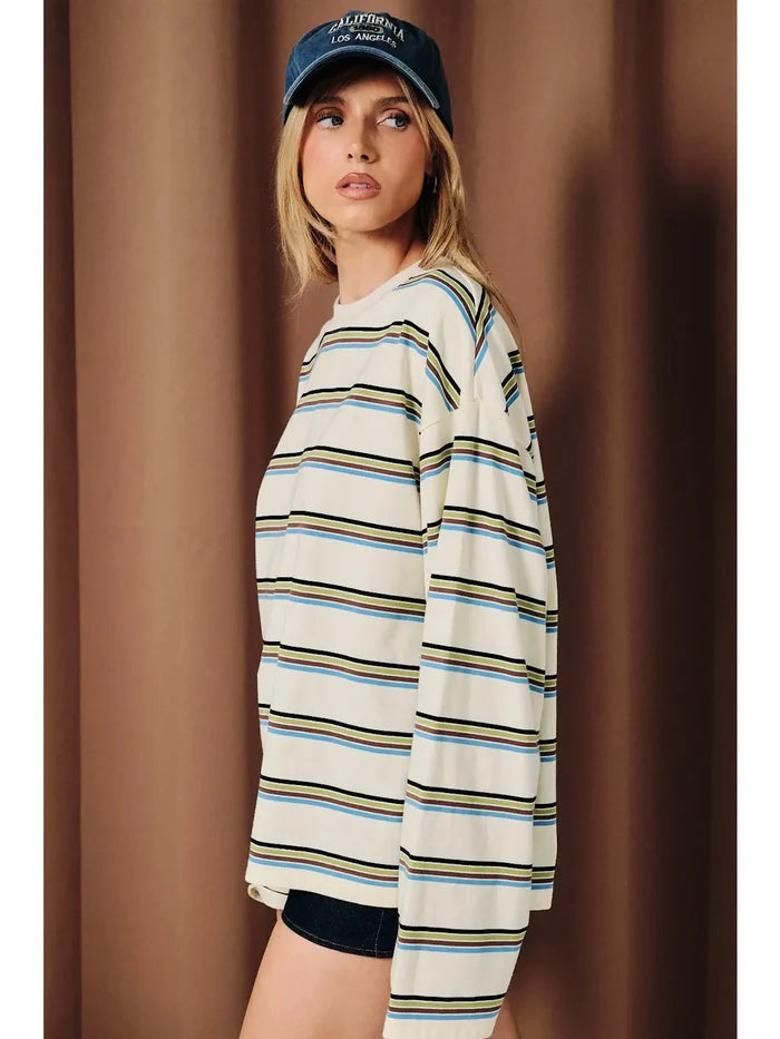Multi Striped Crew Neck Drop Shoulder Oversized Top