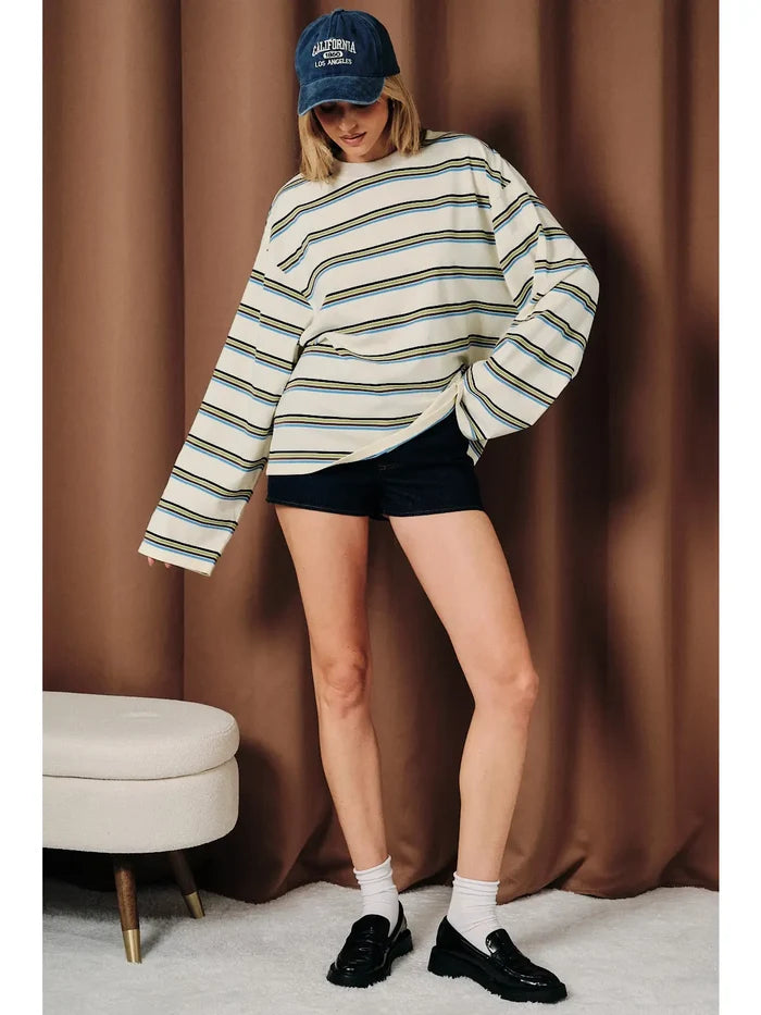 Multi Striped Crew Neck Drop Shoulder Oversized Top