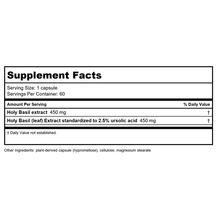 Nature's Way Premium Extract Holy Basil 450 mg per Serving 60 Vcaps - Supplement Facts panel