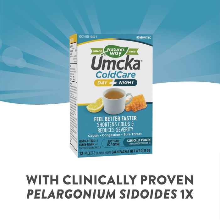 Nature's Way Umcka ColdCare Day + Night, Soothing Hot Drink Mixes, Lemon & Honey Flavors, 12 Packets - The Oasis of Health