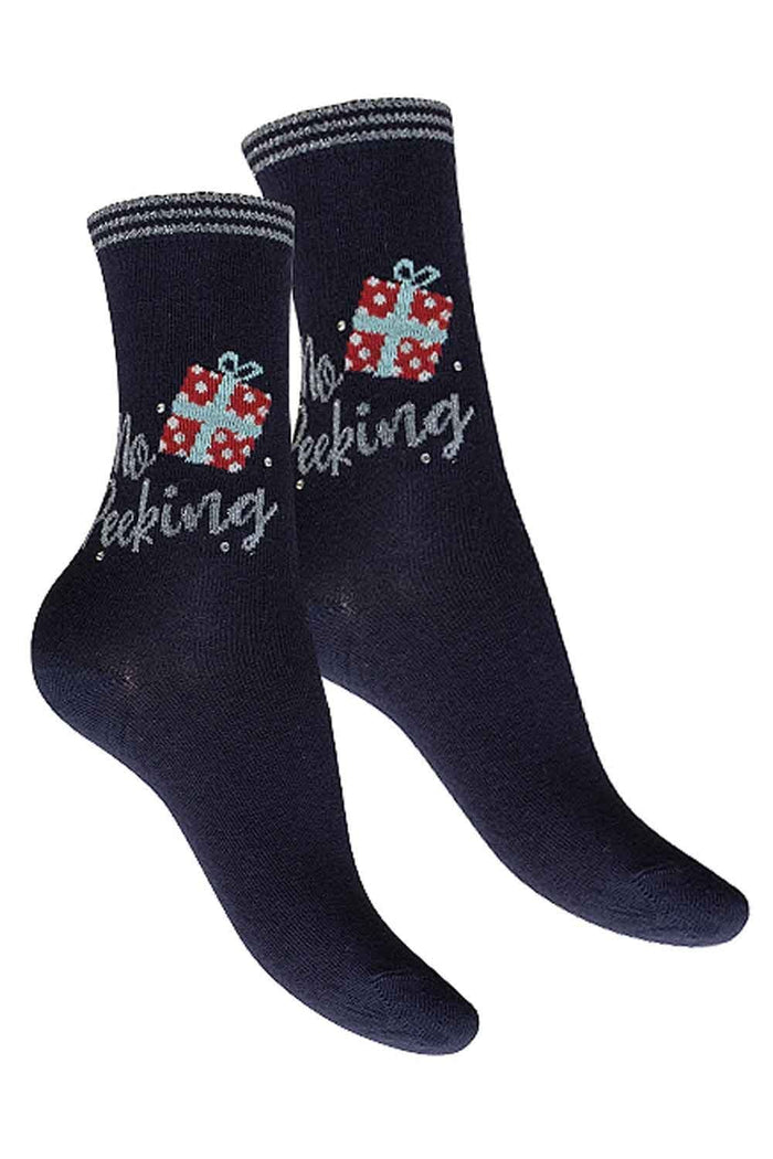 Navy blue socks with red and white gift box designs and no peeking  text on a white background