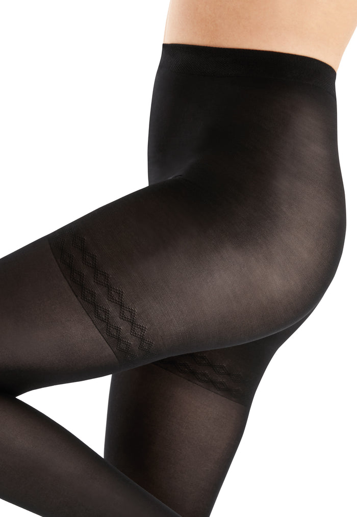 Black bodyshaper tights worn by a person on a white background
