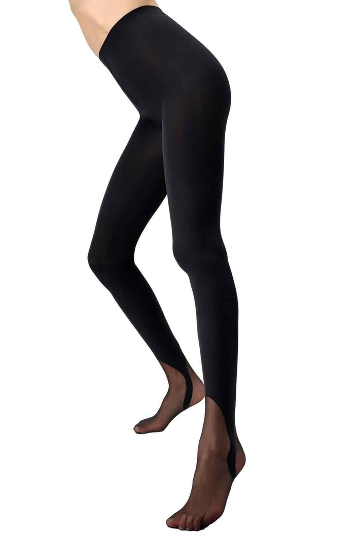 Black tightswith gaiter effect  worn by a person on a white background
